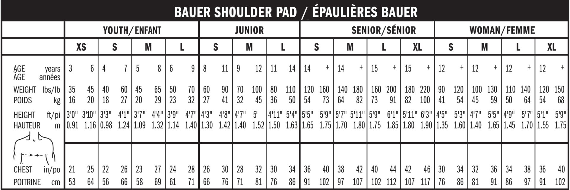 Bauer shoulder sizechart