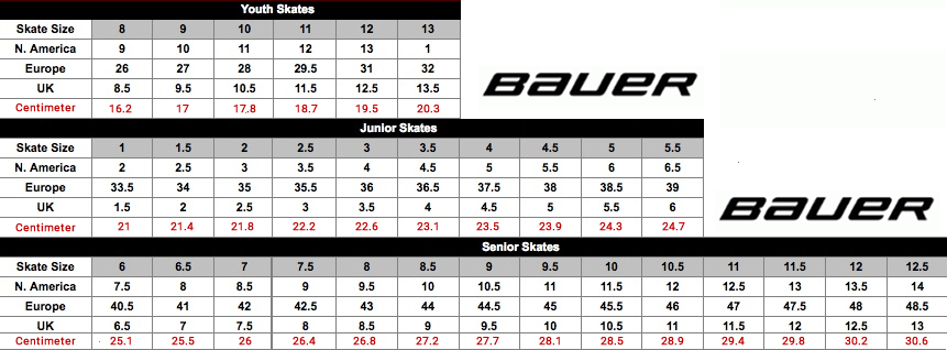Hockey Skate Size Chart Bauer